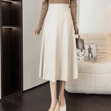 Autumn Winter Women's Skirts Pu Leather Half-length Skirthigh-waist Mid-length A-line Skirt Elegant Splicing Women