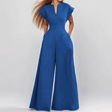 Women's Loose Fashion Elegant Short-Sleeved V-Neck Solid-Colored Broad-Legged Jump-Legged
