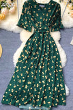 Women Polka Dot Midi Dress Vintage V-Neck Short Flare Sleeve Bandage A-Line Vestidos Female Casual Robe New