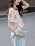 Summer Design Feeling Slammed Collar Bottom Shirt Loose Breathable Letter Embroidered Short-Sleeved Women's