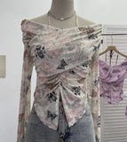 Shot Shoulder Strap Hanging Neck Pure Lust Wind Long-Sleeved T-Shirt Repair Cross-Folded Open Fork Short Top