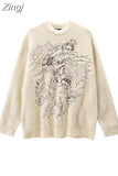Autumn Winter Women's Harajuku O-neck Print Sweater Casual Loose Basic Oversize Jumper Vintage Knitted Sweaters Women