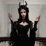 Dark Wind New Horn Sleeve Collar Lace Splicing Open Shoulder Temperament Leisure All Kinds Of