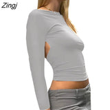 Women Trendy T-Shirt Sexy Solid Color Long Sleeve Fitted Cutout Open Back Going Out Tops Streetwear for Females