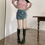 Zingj Girl High-Waisted Denim Skirt Women's Summer Skirt Small Washed Vintage Half Skirt Strap Wrapped Hip