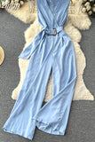 Vintage V-Neck Wide Leg Jumpsuits Women Elegant Red/Green/Orange Sleeveless High Waist Romper With Belts New Fashion
