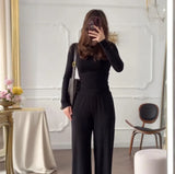 Summer New Women's Round Neck Solid Color Wide Leg Pants Temperament Commut Fashion