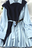 2 Piece Set shirt Dress For Women Streetwear Pleated Midi Dress Irregular Knitted Vest Long sleeve Shirts 2023 Spring