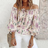 Off-shoulder Chiffon Blouse Street Women's Loose Printed Long-sleeved T-shirt