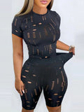 Hollow Out 2 Pieces Women Suit Tracksuits 2023 Fashion Short Sleeve O-neck T-shirts Tops High Waist Slim Biker