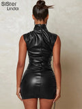 Fashion Faux PU Leather Bodycon Mini Dress Women Sleeveless Turtleneck Body-Shaping Drawstring Robe Female Hip