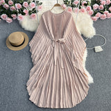 Zingj Light Luxury Temperament Three House Pleated Bat Sleeve Round Collar Loose A-Word Pleated Dress Elegant Long
