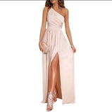 Women's New Dress Summer Slanted Shoulder Dress Temperament Sleeveless Sexy Open Fork