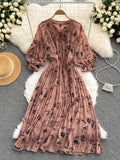 Red/Brown/White Printed Pleated Chiffon Dress Autumn Elegant V-Neck Flare Long Sleeve High Waist Draped Midi Vestido