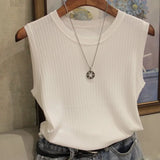 Women's Wide Shoulder Strap Elegant Women Tank O Neck Thin Sleeveless Ice Silk Knitted Vest Slim Women's Clothing