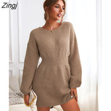 PETAL Honeycomb Knit Brown Sweater Dress Woman Casual Long Sleeve Long Sweater Dress 2023 Autumn Winter Pullovers