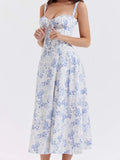 Women Floral Print Long Dress Summer Chic Short Sleeve Spaghetti Strap Split A Line Party Sundress Ladies Holiday Beach
