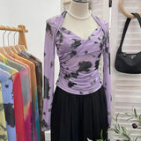 Tie-Dye-Print Long Sleeve Bottom Sexy Hottie V-Neck T-Shirt Folded Slimming Mesh Yarn Top