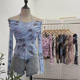 Shot Shoulder Strap Hanging Neck Pure Lust Wind Long-Sleeved T-Shirt Repair Cross-Folded Open Fork Short Top