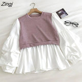 Fashion Patchwork Blouses Spring New Fake Two O-Neck Puff Sleeve Blouses Tops Casual College knitted Shirt Women