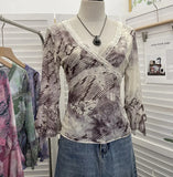 Picts Picts Retro Tie-Dye-Print Yarn Lace V-Neck Low-Breast Horn Sleeves Short Thin T-Shirt Top