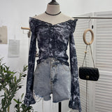 Print V-Neck Horn Sleeve Top Wooden Ear Lace With Short-Sleeved Long-Sleeved T-Shirt