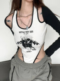 Hooded Long Sleeve Spliced Sexy Bodysuit for Women Tops Streetwear Cut Out Fit Bodies Chain Contrast Party