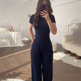 Summer New Women's Round Neck Solid Color Wide Leg Pants Temperament Commut Fashion
