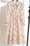 Women Floral Chiffon Dress Autumn Winter Long Sleeve Elastic Waist Bow Collar Casual Elegant Party Office Dresses