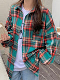 Harajuku Retro Women Oversize Plaid Shirt Spring Korean Turn Down Collar Button Long Blouse Female Long Sleeve