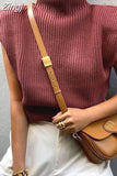Women Fashion Solid Cropped Knitted Sweater Vest Turtleneck Sleeveless Pullover Solid Chic Tops