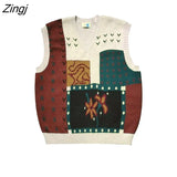Vest Women Loose Sleeveless V-neck Print Panelled Trendy Retro All-match Japanese Style Unisex Couple Harajuku