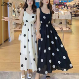 Women Ankle-length Elegant Personality Backless Streetwear Holiday Empire Dot Summer Frill Romance Black White