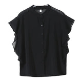 New Summer Of 2025 Loose Show Thin Short Sleeve Lotus Leaf Sleeve Jacket Thin Design Sense Minority Chiffon Shirt