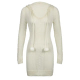 Korean Fashion Bodycon Hooded Knitted Sweater Dress Mini Cute Solid Hairball Autumn Winter Dresses Casual Slim