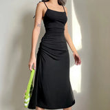Zingj New Black Slip Dress Women's Side Waist Small Draw Pleated Waist Show Thin