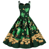 Sexy Spaghetti Strap Summer Dress Women Green Floral Print High Waist Slim Elegant Vintage A-Line Midi Dress