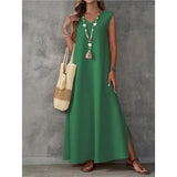 Summer Dress Women's Sleeveless V-Neck Side Opening Dress Elegant Long