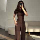 Summer New Women's Round Neck Solid Color Wide Leg Pants Commuting Leisure Suit