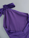 Purple Satin Halter Neck 3D Flower Design Backless Maxi Dress- Outfit