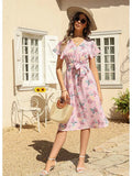 Floral Print Midi Dress Women Robe Elegant Chic Short Sleeve V Neck Casual Beach Dress With