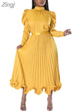Women Sets Two Piece Set O-Neck Long Lantern Sleeve Top And Elegant Pleated Long Skirt High Streetwear Casual Beach