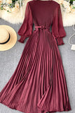 Women Pleated Long Dress Female Elegant Lantern Long Sleeve High Waist Red/Purple Draped Maxi Vestidos Spring Autumn