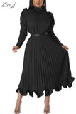 Women Sets Two Piece Set O-Neck Long Lantern Sleeve Top And Elegant Pleated Long Skirt High Streetwear Casual Beach