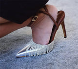 and American pointed toe rhinestone fringed women's sandals women's high