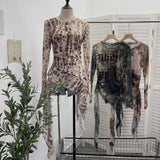 Shooting Babes Long Sleeves And Jersey Net Yarn Dye Printing Irregular Lotus Leaf Edge Ribbon Folding Top