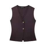 Summer New Temperament Fashion V-Neck Sleeveless Single-Claw Buckle Solid-Colored Vest Vest Women