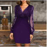 Mesh V-Necked Squint Dress Sexy Dress Autumn And Winter Elegant