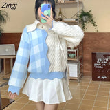 Japanese Soft Milk Sweet Blue Plaid Wind Color Contrast Sweater V-neck And Lapel Knitted Cardigan Pullover Girlfriends