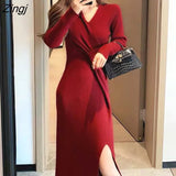 Korean Knitted Dress Women Casual Designer Sashes Split Midi Dress Female 2021 Autumn High Waist Party Dress Office